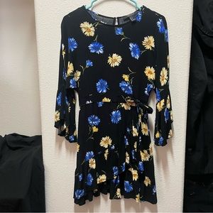 Bell sleeve mid length black floral dress